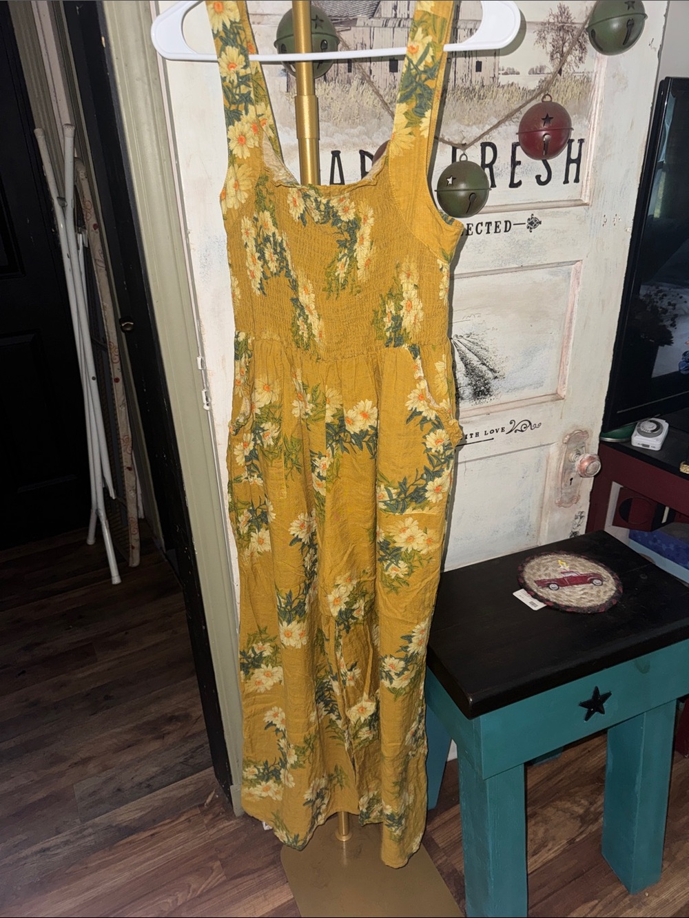 DAVI & DANI Mustard Yellow Floral Sleeveless Jumpsuit